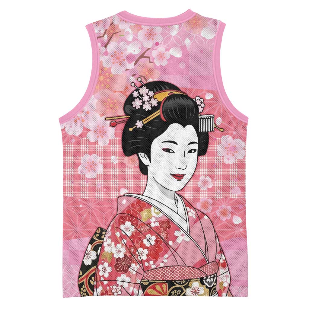 Japanese Geisha Cherry Blossom Basketball Jersey Pink Palaka Hawaii Pattern Fusion Design