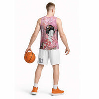 Japanese Geisha Cherry Blossom Basketball Jersey Pink Palaka Hawaii Pattern Fusion Design