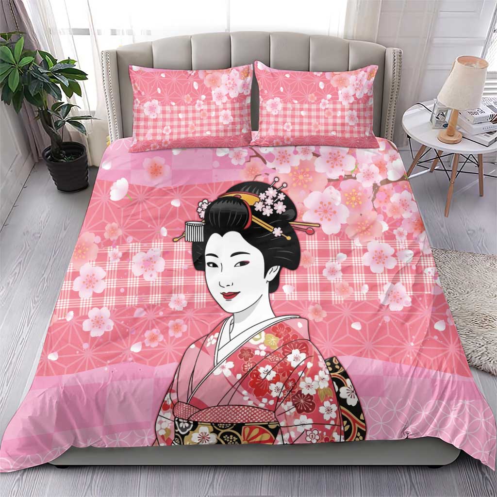 Japanese Geisha Cherry Blossom Bedding Set Pink Palaka Hawaii Pattern Fusion Design