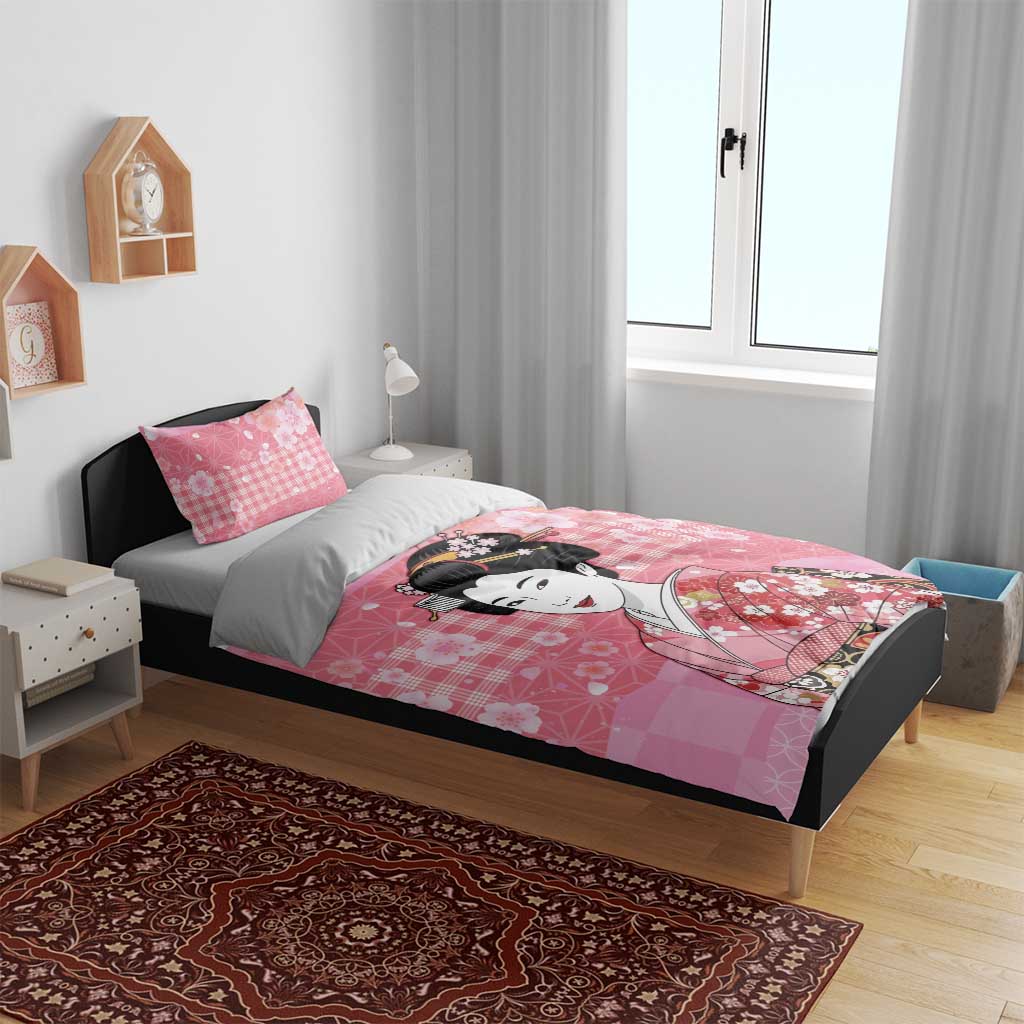 Japanese Geisha Cherry Blossom Bedding Set Pink Palaka Hawaii Pattern Fusion Design