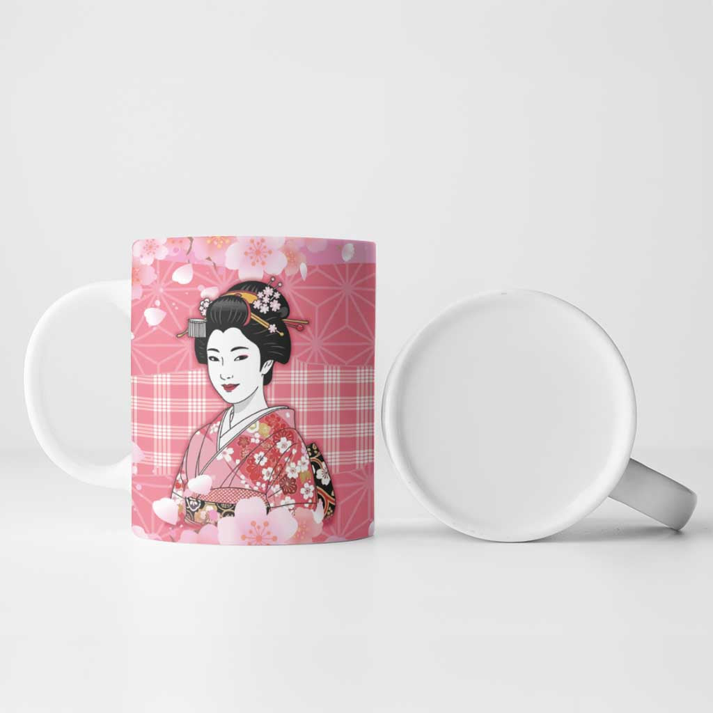 Japanese Geisha Cherry Blossom Ceramic Mug Pink Palaka Hawaii Pattern Fusion Design