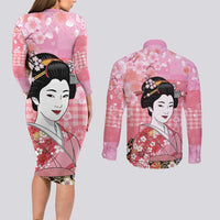 Japanese Geisha Cherry Blossom Couples Matching Long Sleeve Bodycon Dress and Long Sleeve Button Shirt Pink Palaka Hawaii Pattern Fusion Design LT19 - Polynesian Pride