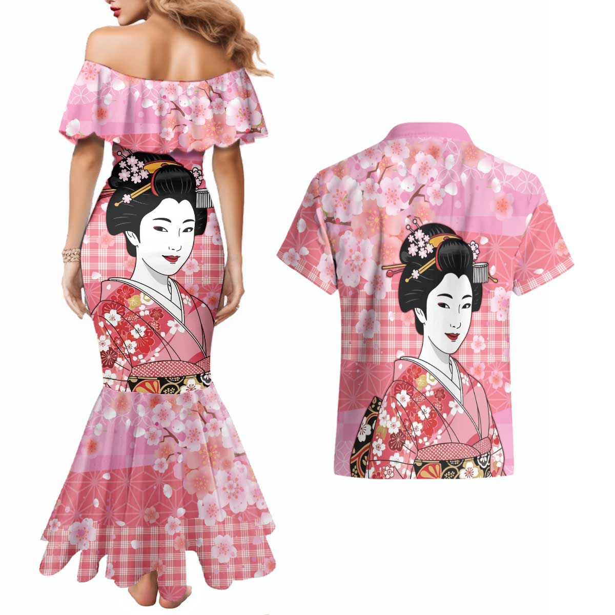 Japanese Geisha Cherry Blossom Couples Matching Mermaid Dress and Hawaiian Shirt Pink Palaka Hawaii Pattern Fusion Design LT19 - Polynesian Pride