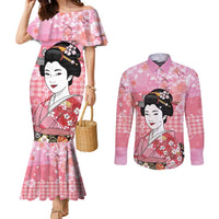Japanese Geisha Cherry Blossom Couples Matching Mermaid Dress and Long Sleeve Button Shirt Pink Palaka Hawaii Pattern Fusion Design