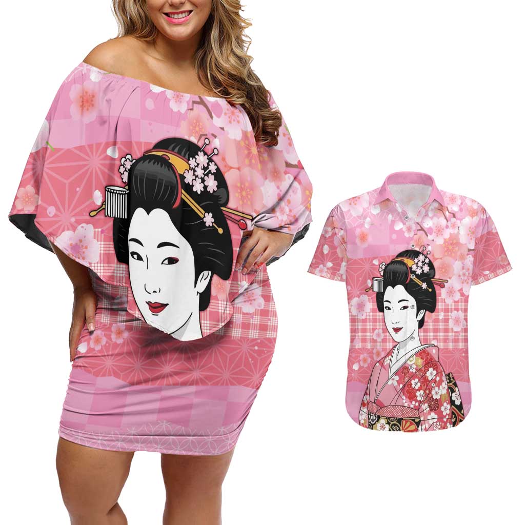 Japanese Geisha Cherry Blossom Couples Matching Off Shoulder Short Dress and Hawaiian Shirt Pink Palaka Hawaii Pattern Fusion Design