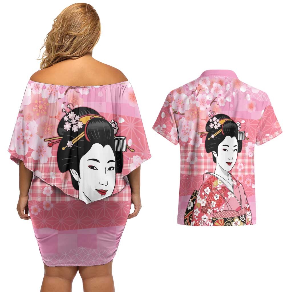 Japanese Geisha Cherry Blossom Couples Matching Off Shoulder Short Dress and Hawaiian Shirt Pink Palaka Hawaii Pattern Fusion Design