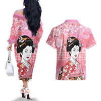 Japanese Geisha Cherry Blossom Couples Matching Off The Shoulder Long Sleeve Dress and Hawaiian Shirt Pink Palaka Hawaii Pattern Fusion Design LT19 - Polynesian Pride