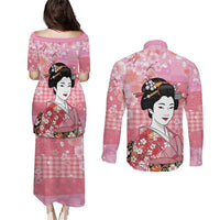 Japanese Geisha Cherry Blossom Couples Matching Puletasi and Long Sleeve Button Shirt Pink Palaka Hawaii Pattern Fusion Design