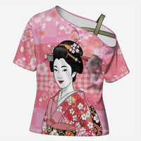Japanese Geisha Cherry Blossom Cross Shoulder Shirt Pink Palaka Hawaii Pattern Fusion Design