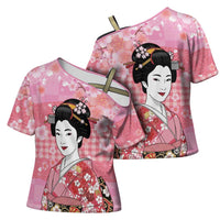 Japanese Geisha Cherry Blossom Cross Shoulder Shirt Pink Palaka Hawaii Pattern Fusion Design