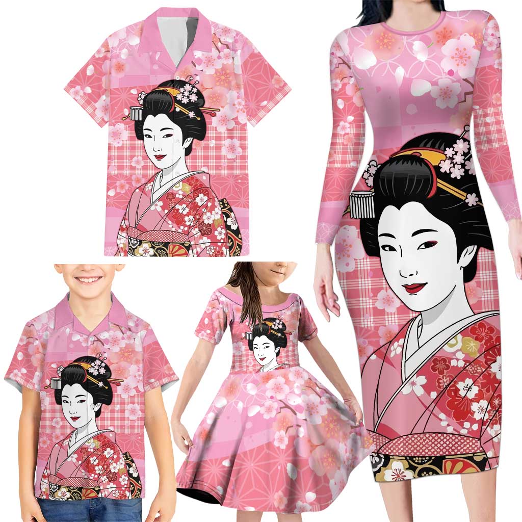 Japanese Geisha Cherry Blossom Family Matching Long Sleeve Bodycon Dress and Hawaiian Shirt Pink Palaka Hawaii Pattern Fusion Design LT19 - Polynesian Pride