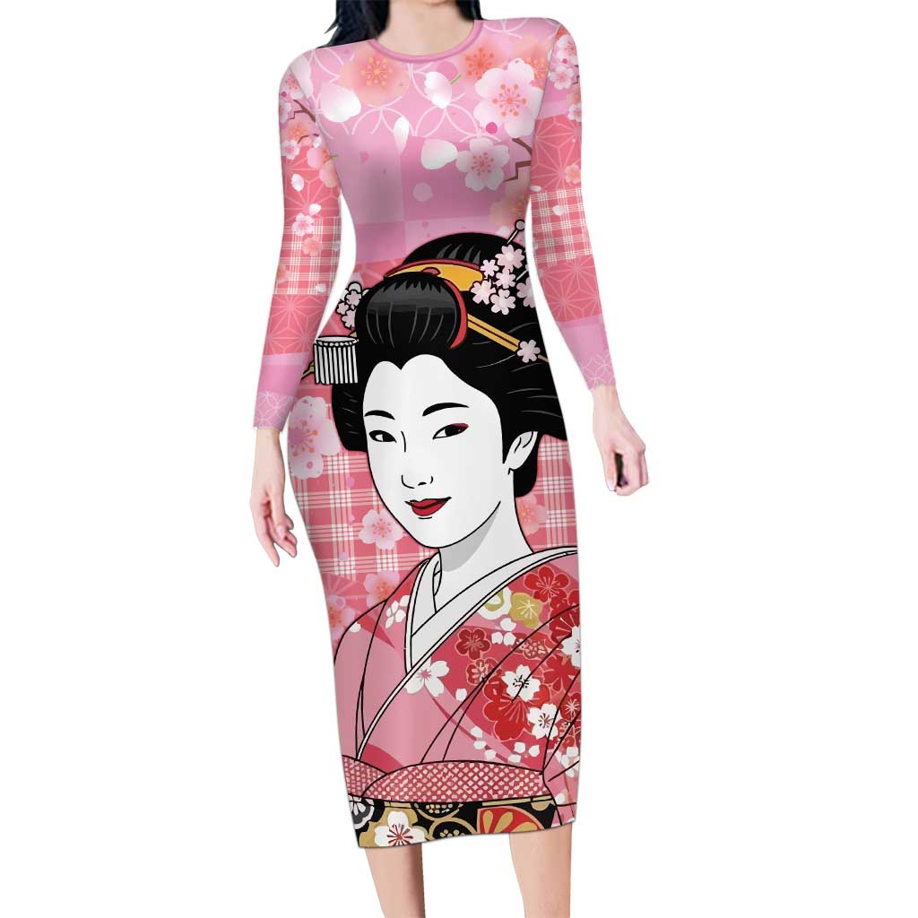 Japanese Geisha Cherry Blossom Family Matching Long Sleeve Bodycon Dress and Hawaiian Shirt Pink Palaka Hawaii Pattern Fusion Design LT19 Mom's Dress Pink - Polynesian Pride