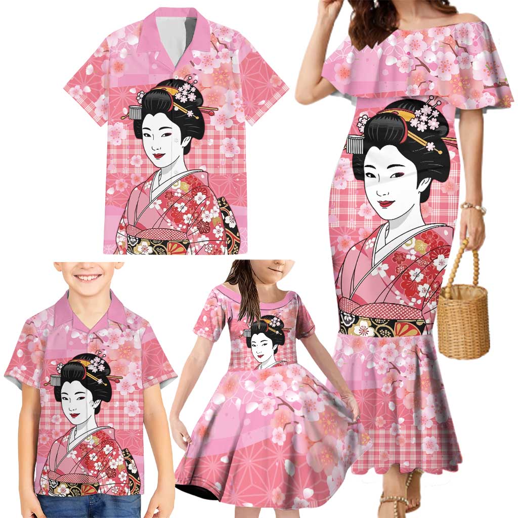 Japanese Geisha Cherry Blossom Family Matching Mermaid Dress and Hawaiian Shirt Pink Palaka Hawaii Pattern Fusion Design LT19 - Polynesian Pride
