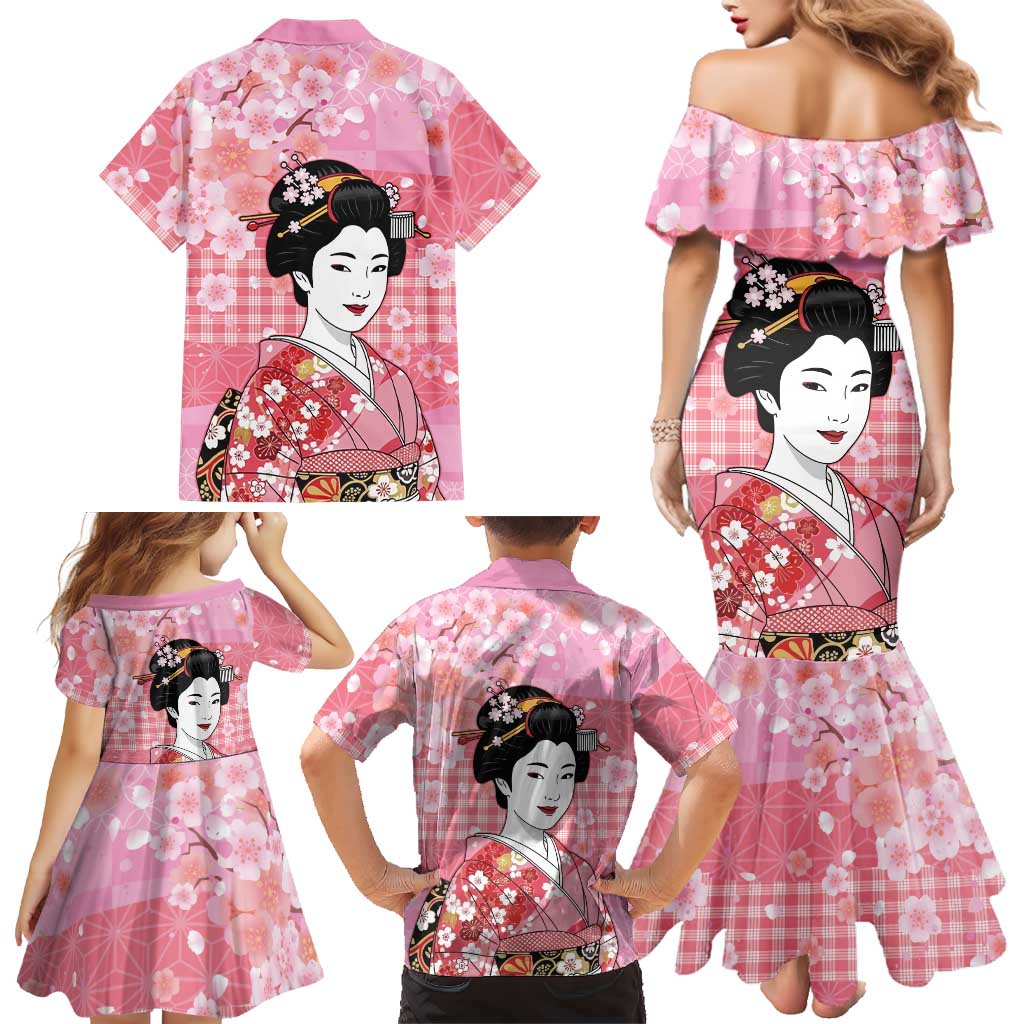 Japanese Geisha Cherry Blossom Family Matching Mermaid Dress and Hawaiian Shirt Pink Palaka Hawaii Pattern Fusion Design LT19 - Polynesian Pride