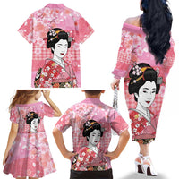 Japanese Geisha Cherry Blossom Family Matching Off The Shoulder Long Sleeve Dress and Hawaiian Shirt Pink Palaka Hawaii Pattern Fusion Design LT19 - Polynesian Pride