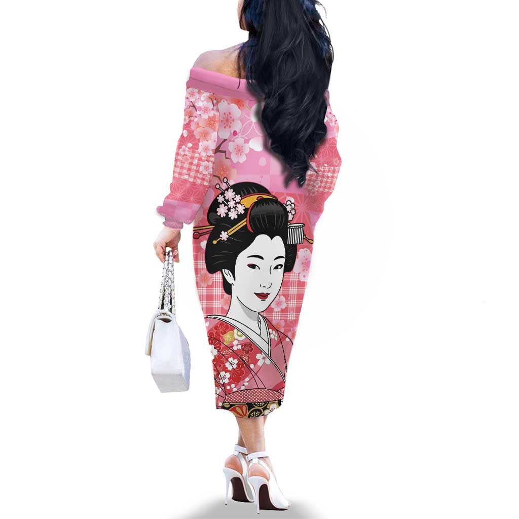 Japanese Geisha Cherry Blossom Family Matching Off The Shoulder Long Sleeve Dress and Hawaiian Shirt Pink Palaka Hawaii Pattern Fusion Design LT19 - Polynesian Pride