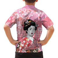 Japanese Geisha Cherry Blossom Family Matching Off Shoulder Maxi Dress and Hawaiian Shirt Pink Palaka Hawaii Pattern Fusion Design LT19 - Polynesian Pride