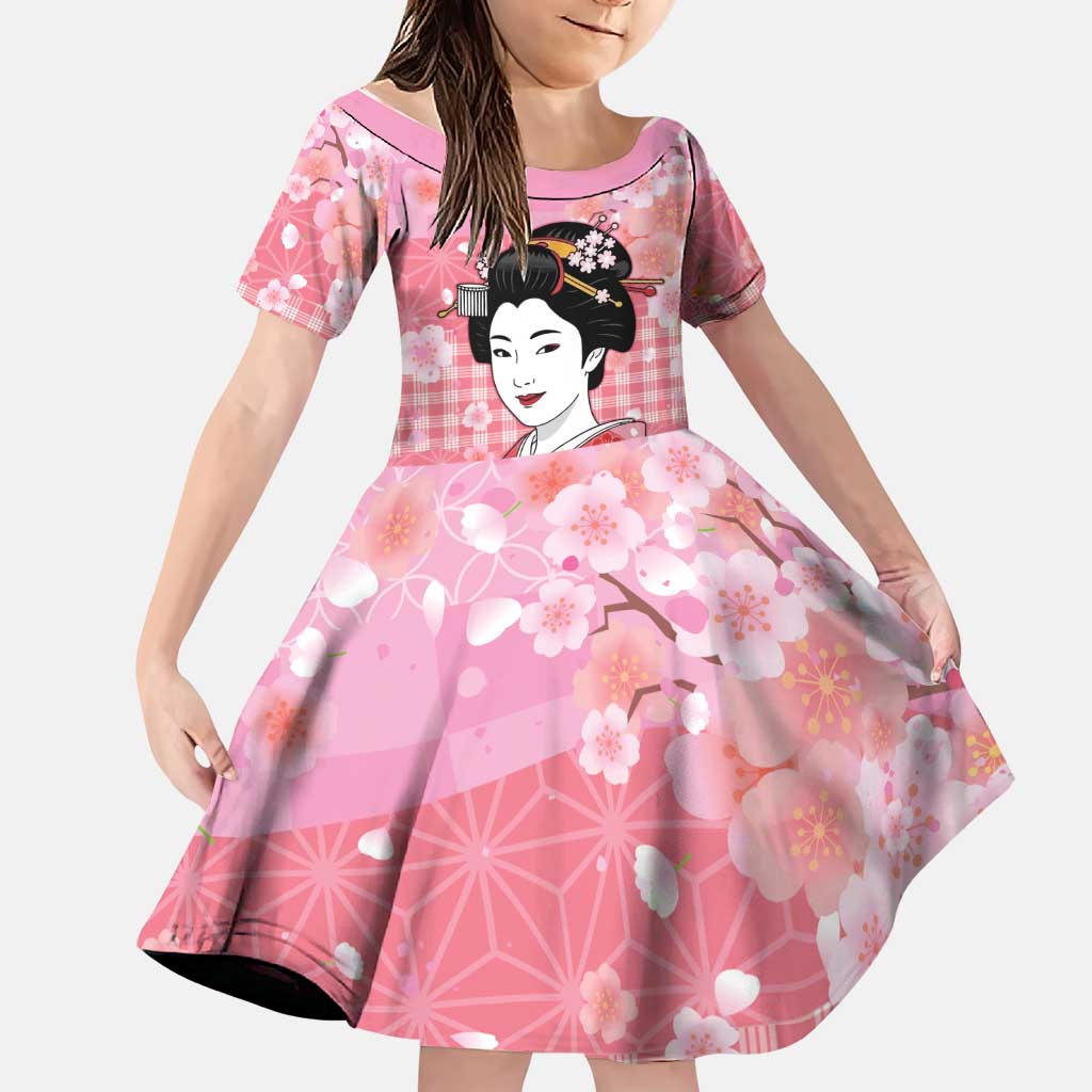 Japanese Geisha Cherry Blossom Family Matching Off Shoulder Maxi Dress and Hawaiian Shirt Pink Palaka Hawaii Pattern Fusion Design LT19 Daughter's Dress Pink - Polynesian Pride