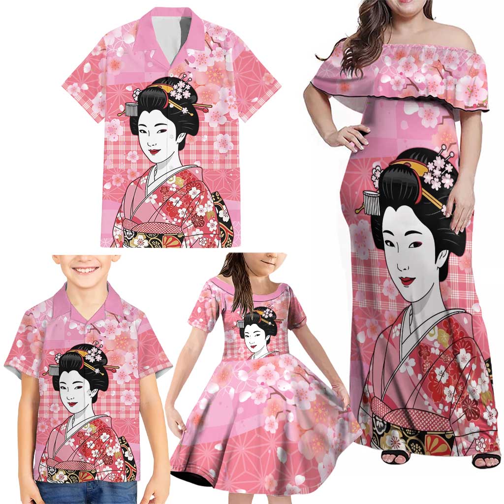 Japanese Geisha Cherry Blossom Family Matching Off Shoulder Maxi Dress and Hawaiian Shirt Pink Palaka Hawaii Pattern Fusion Design