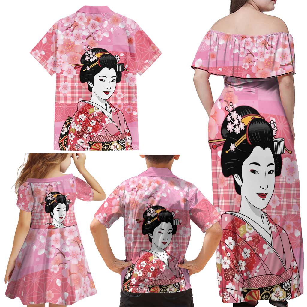 Japanese Geisha Cherry Blossom Family Matching Off Shoulder Maxi Dress and Hawaiian Shirt Pink Palaka Hawaii Pattern Fusion Design LT19 - Polynesian Pride
