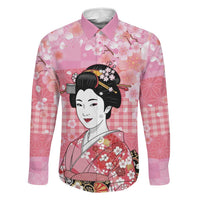 Japanese Geisha Cherry Blossom Family Matching Off Shoulder Maxi Dress and Hawaiian Shirt Pink Palaka Hawaii Pattern Fusion Design LT19 Dad's Shirt - Long Sleeve Pink - Polynesian Pride