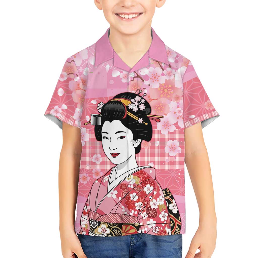 Japanese Geisha Cherry Blossom Family Matching Off Shoulder Maxi Dress and Hawaiian Shirt Pink Palaka Hawaii Pattern Fusion Design LT19 Son's Shirt Pink - Polynesian Pride