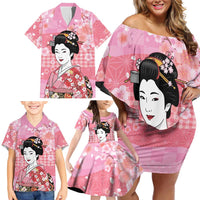 Japanese Geisha Cherry Blossom Family Matching Off Shoulder Short Dress and Hawaiian Shirt Pink Palaka Hawaii Pattern Fusion Design LT19 - Polynesian Pride