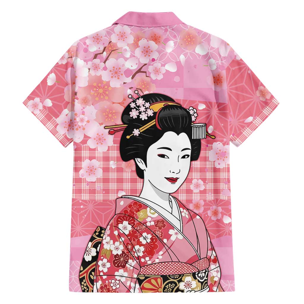 Japanese Geisha Cherry Blossom Family Matching Off Shoulder Short Dress and Hawaiian Shirt Pink Palaka Hawaii Pattern Fusion Design LT19 - Polynesian Pride