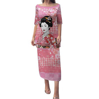Japanese Geisha Cherry Blossom Family Matching Puletasi and Hawaiian Shirt Pink Palaka Hawaii Pattern Fusion Design LT19 Mom's Dress Pink - Polynesian Pride