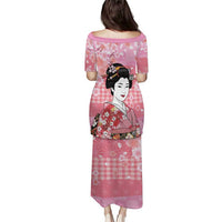 Japanese Geisha Cherry Blossom Family Matching Puletasi and Hawaiian Shirt Pink Palaka Hawaii Pattern Fusion Design LT19 - Polynesian Pride