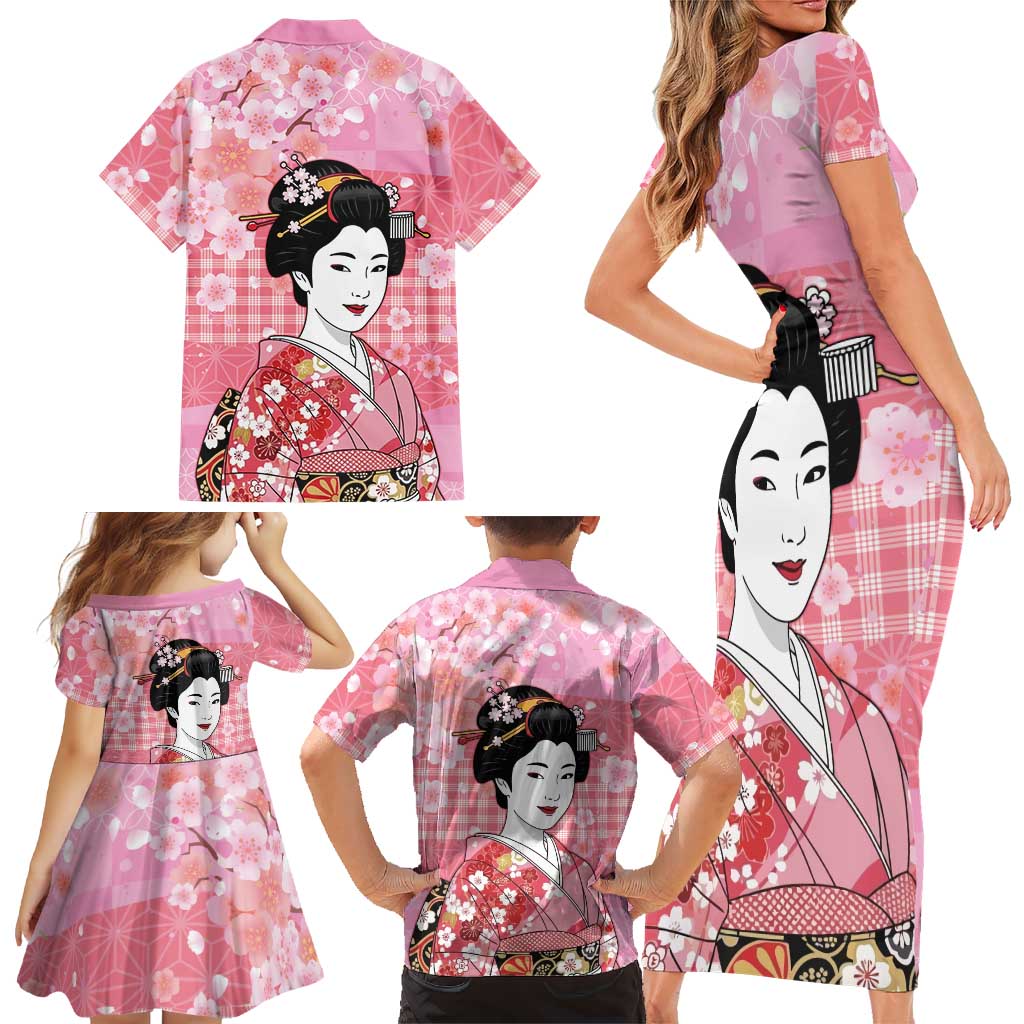 Japanese Geisha Cherry Blossom Family Matching Short Sleeve Bodycon Dress and Hawaiian Shirt Pink Palaka Hawaii Pattern Fusion Design LT19 - Polynesian Pride