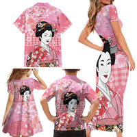 Japanese Geisha Cherry Blossom Family Matching Short Sleeve Bodycon Dress and Hawaiian Shirt Pink Palaka Hawaii Pattern Fusion Design LT19 - Polynesian Pride