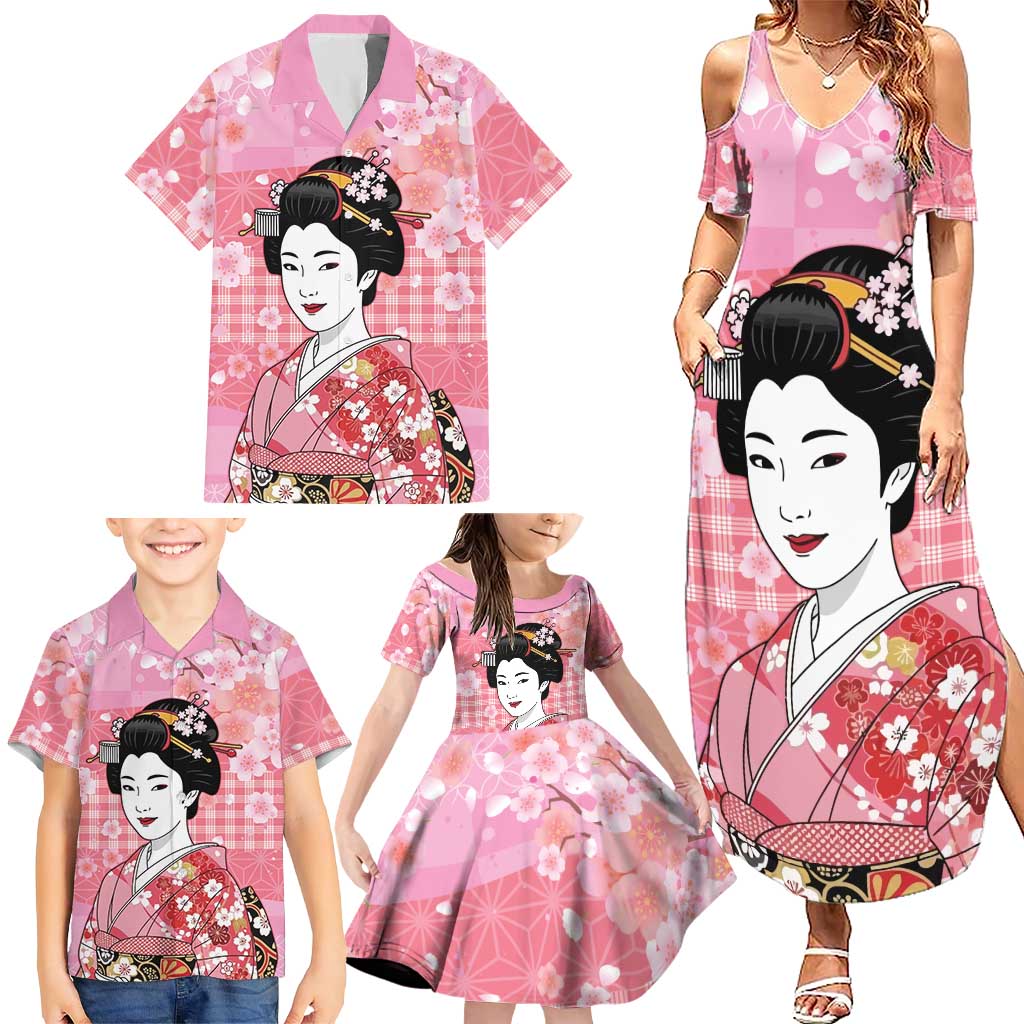 Japanese Geisha Cherry Blossom Family Matching Summer Maxi Dress and Hawaiian Shirt Pink Palaka Hawaii Pattern Fusion Design LT19 - Polynesian Pride