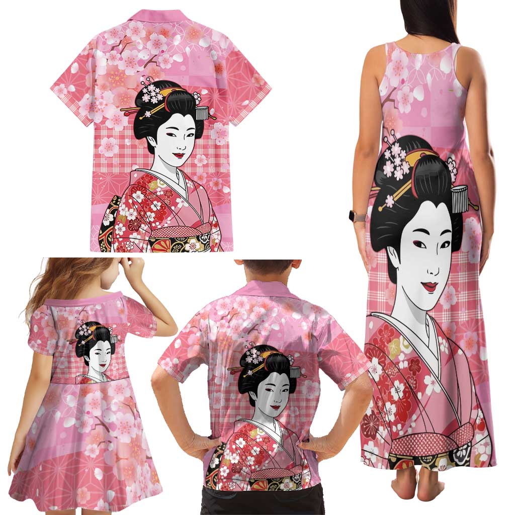 Japanese Geisha Cherry Blossom Family Matching Tank Maxi Dress and Hawaiian Shirt Pink Palaka Hawaii Pattern Fusion Design LT19 - Polynesian Pride