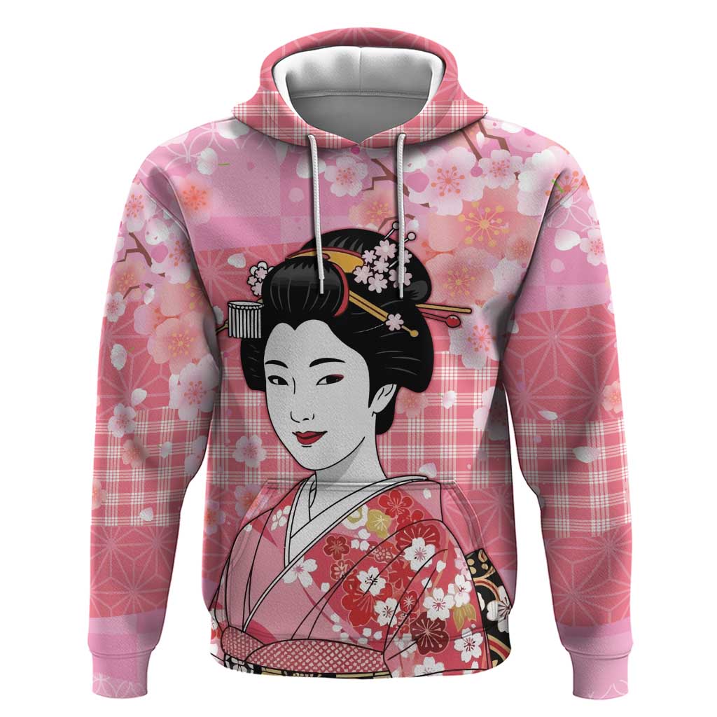 Japanese Geisha Cherry Blossom Hoodie Pink Palaka Hawaii Pattern Fusion Design
