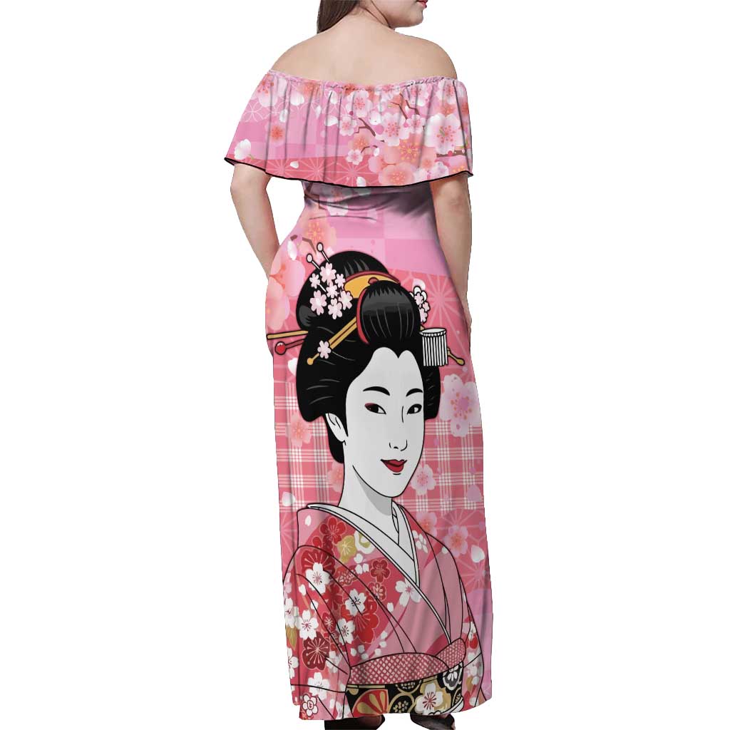 Japanese Geisha Cherry Blossom Off Shoulder Maxi Dress Pink Palaka Hawaii Pattern Fusion Design