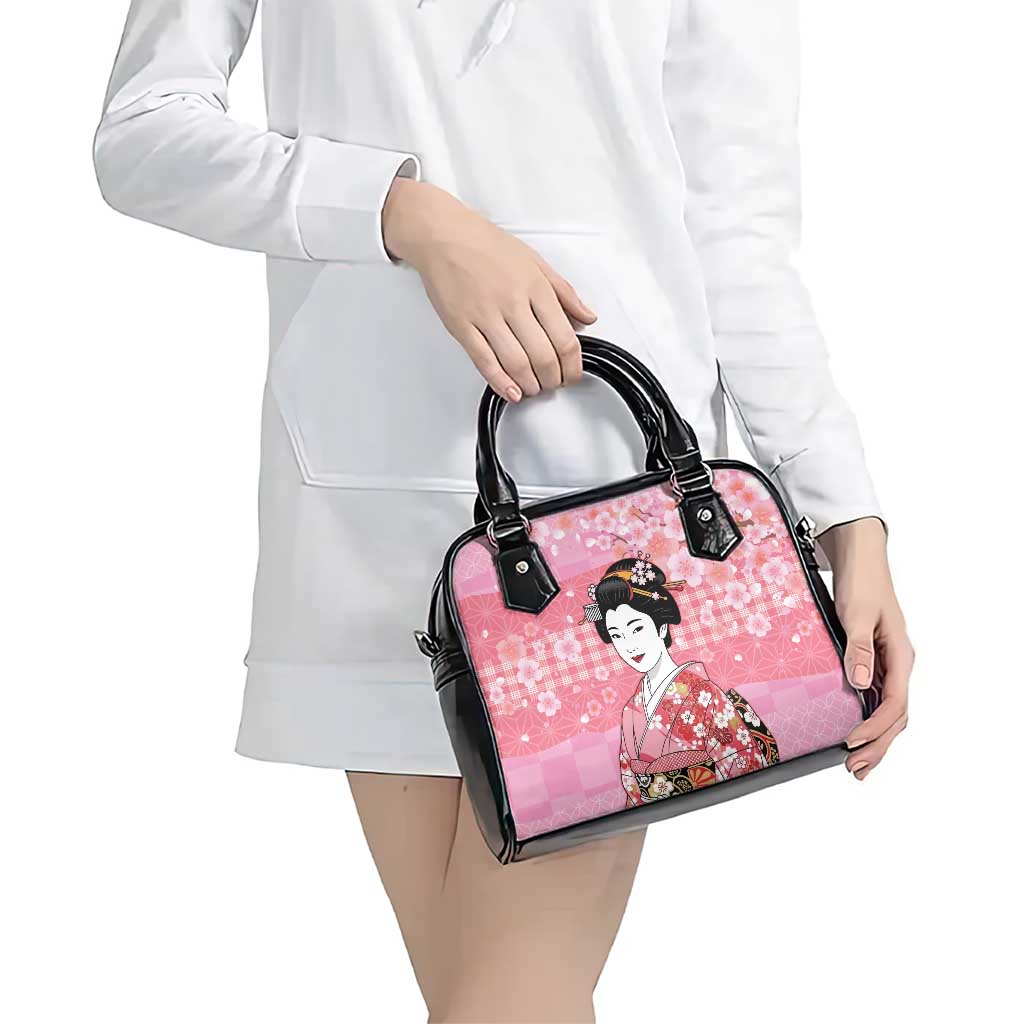 Japanese Geisha Cherry Blossom Shoulder Handbag Pink Palaka Hawaii Pattern Fusion Design