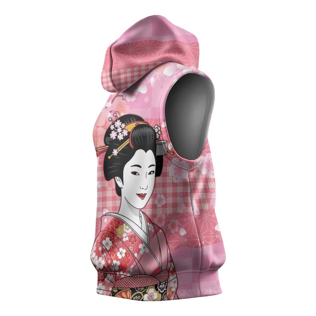 Japanese Geisha Cherry Blossom Sleeveless Hoodie Pink Palaka Hawaii Pattern Fusion Design