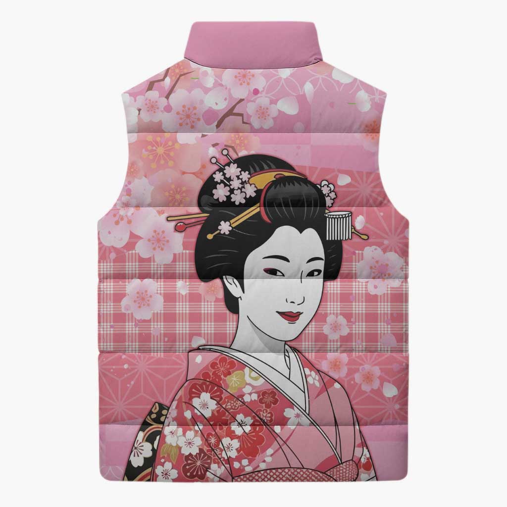 Japanese Geisha Cherry Blossom Sleeveless Puffer Jacket Pink Palaka Hawaii Pattern Fusion Design
