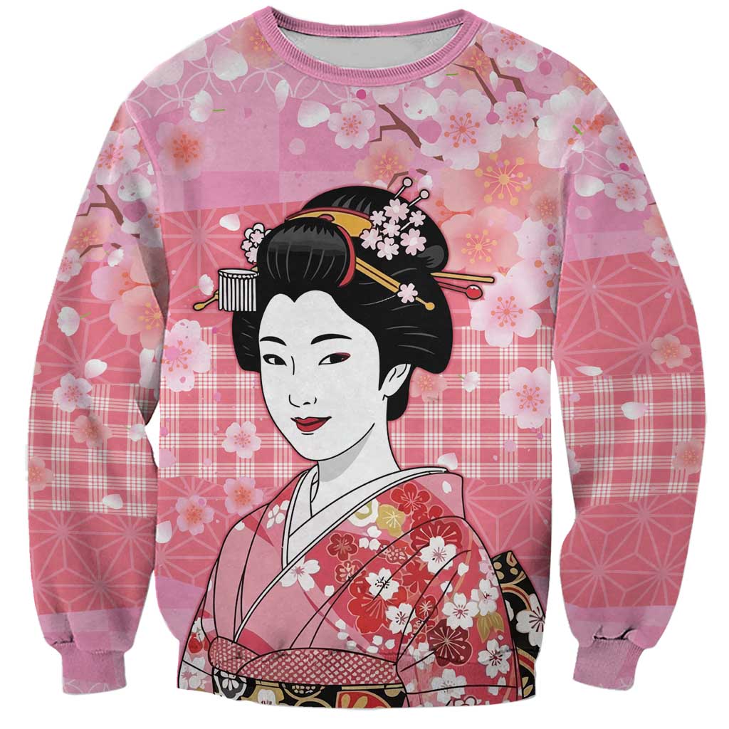 Japanese Geisha Cherry Blossom Sweatshirt Pink Palaka Hawaii Pattern Fusion Design