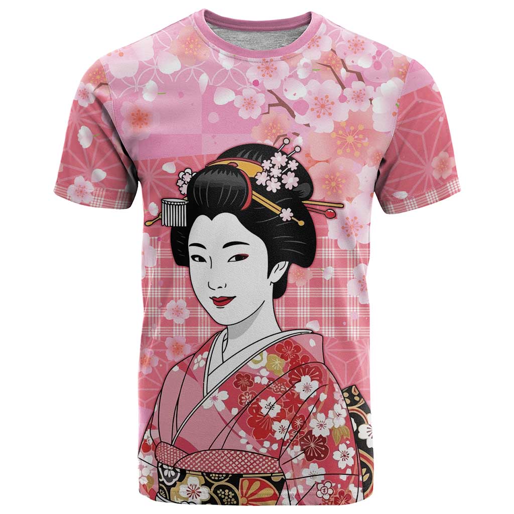Japanese Geisha Cherry Blossom T Shirt Pink Palaka Hawaii Pattern Fusion Design