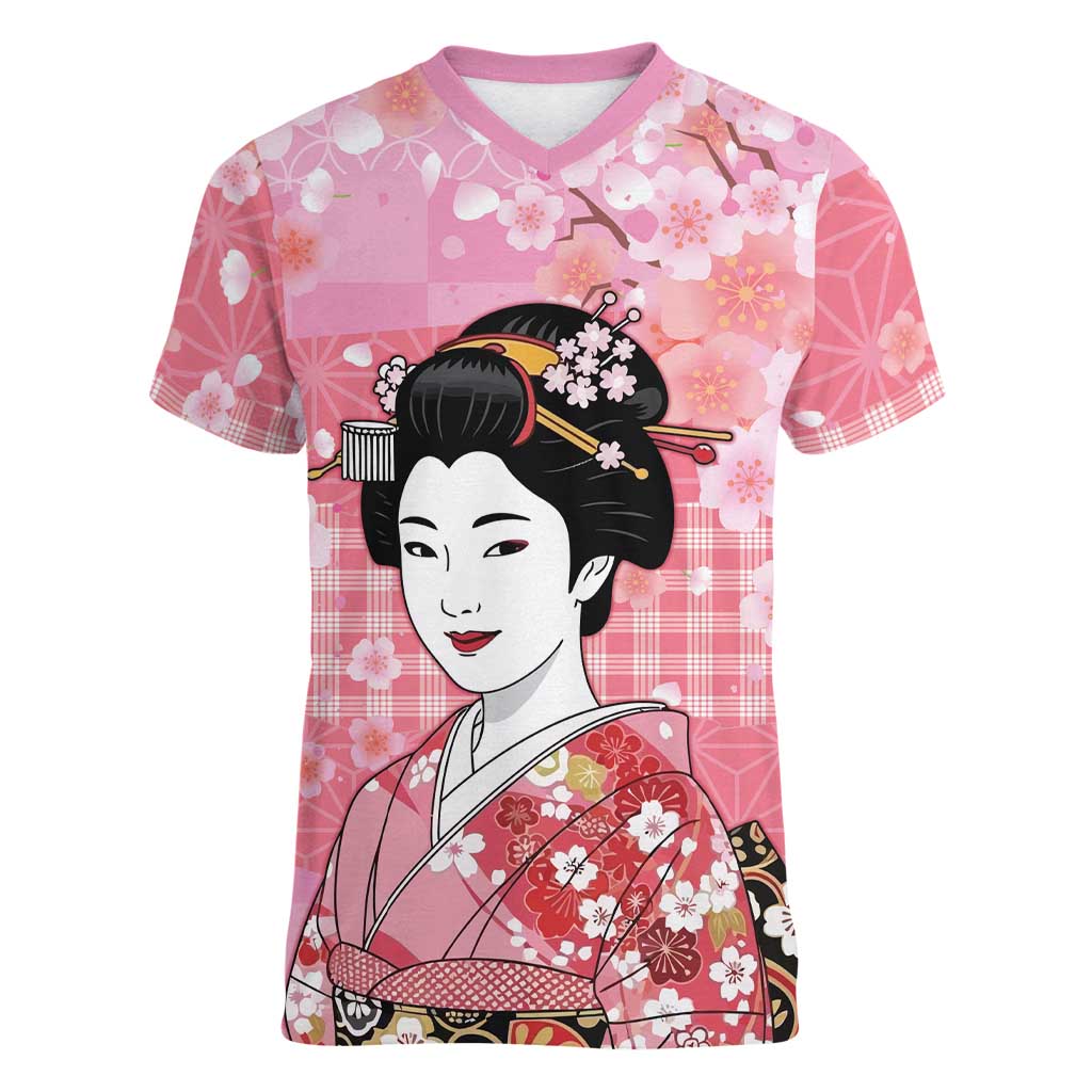 Japanese Geisha Cherry Blossom Women V-Neck T-Shirt Pink Palaka Hawaii Pattern Fusion Design