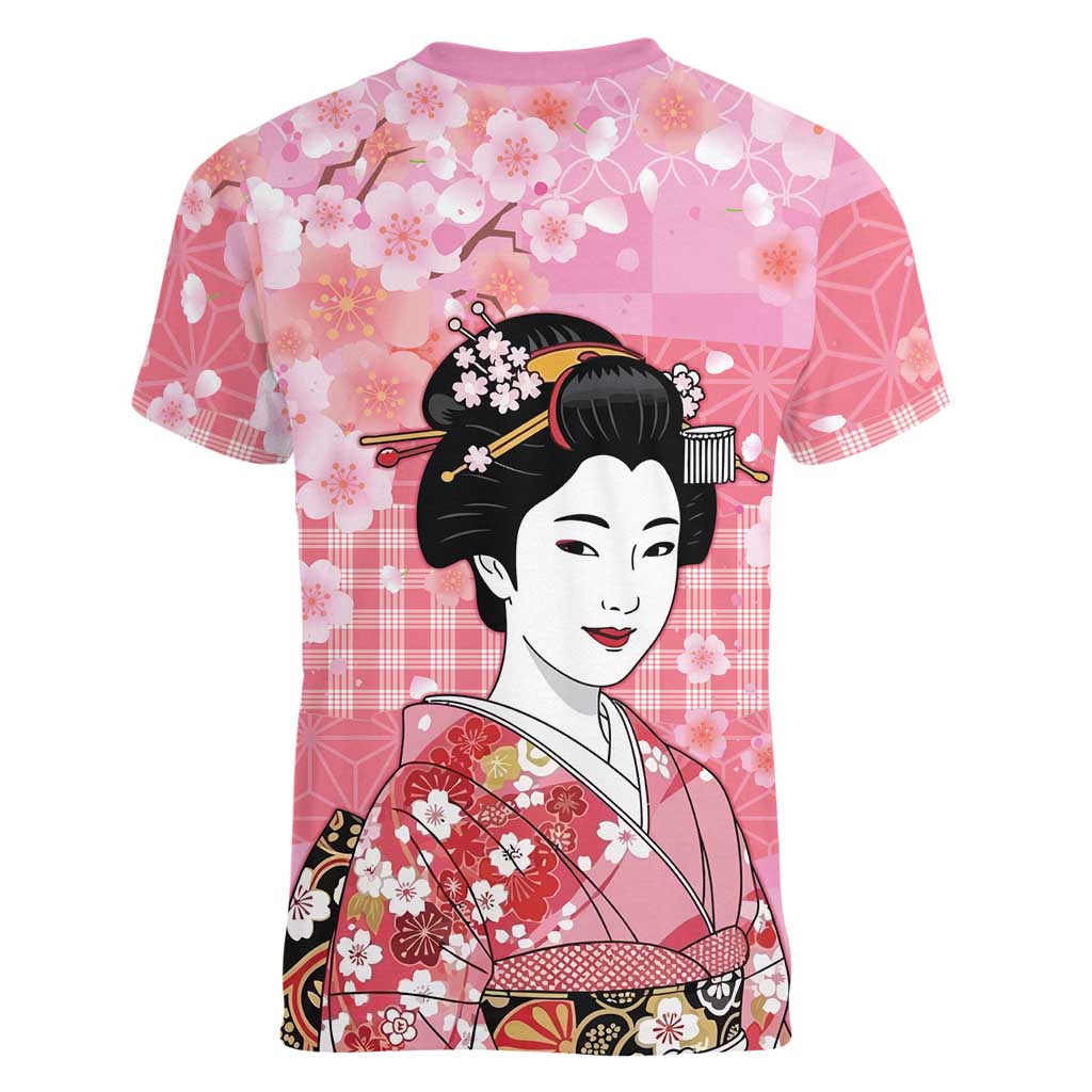 Japanese Geisha Cherry Blossom Women V-Neck T-Shirt Pink Palaka Hawaii Pattern Fusion Design