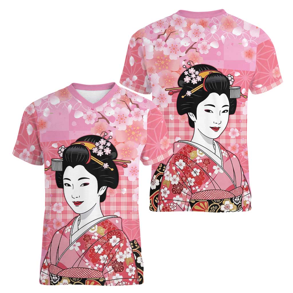 Japanese Geisha Cherry Blossom Women V-Neck T-Shirt Pink Palaka Hawaii Pattern Fusion Design