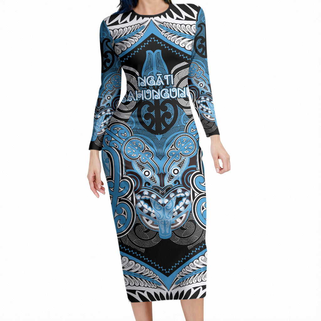 Aotearoa Iwi Ngati Kahungunu Personalised Long Sleeve Bodycon Dress Maori Kowhaiwhai Pattern LT19 Long Dress Blue - Polynesian Pride