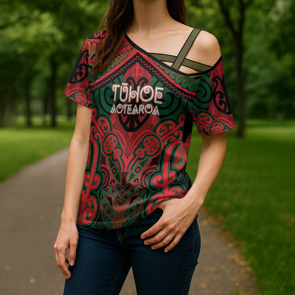 Aotearoa Iwi Tuhoe Personalised Cross Shoulder Shirt Maori Kowhaiwhai Pattern LT19 - Polynesian Pride