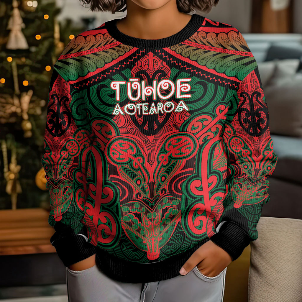 Aotearoa Iwi Tuhoe Personalised Kid Ugly Christmas Sweater Maori Kowhaiwhai Pattern LT19 - Polynesian Pride