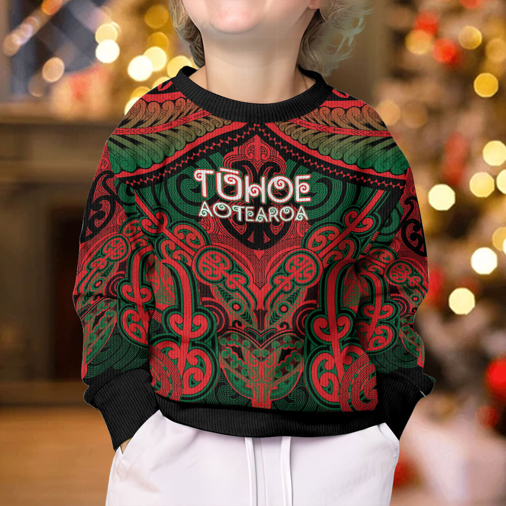 Aotearoa Iwi Tuhoe Personalised Kid Ugly Christmas Sweater Maori Kowhaiwhai Pattern LT19 - Polynesian Pride