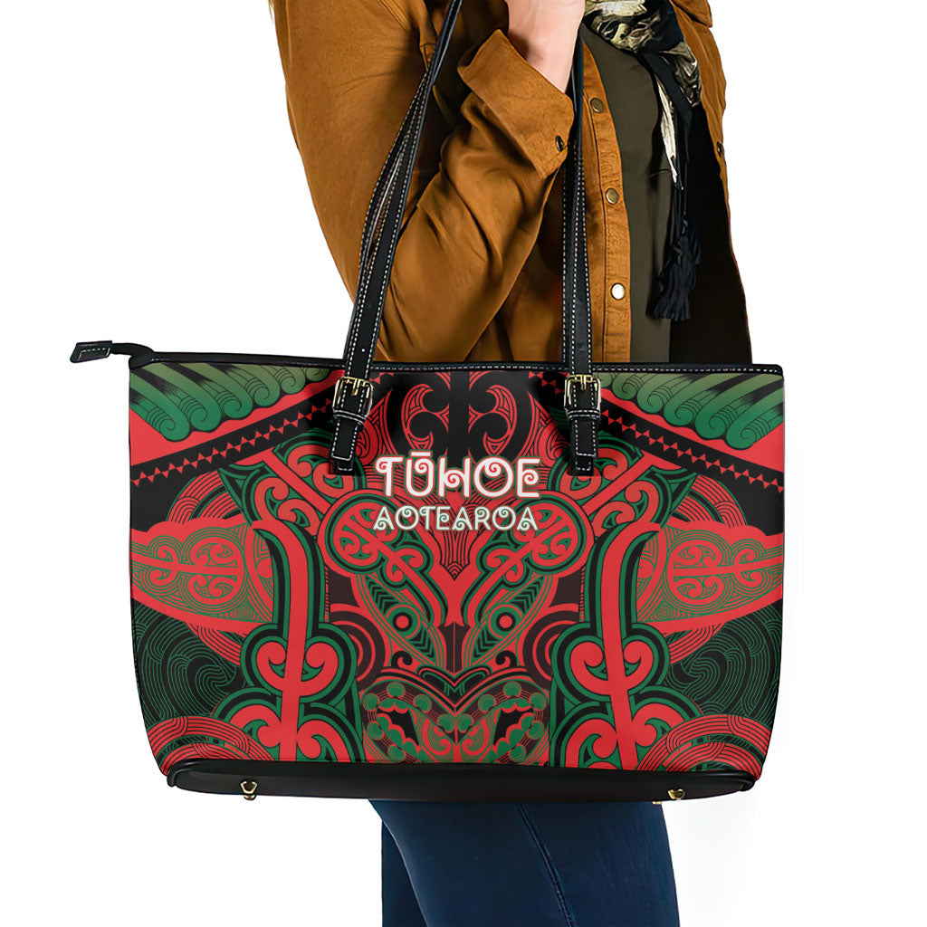 Aotearoa Iwi Tuhoe Leather Tote Bag Maori Kowhaiwhai Pattern LT19 - Polynesian Pride