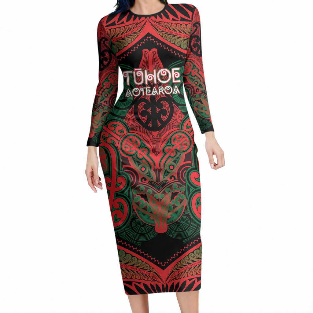 Aotearoa Iwi Tuhoe Personalised Long Sleeve Bodycon Dress Maori Kowhaiwhai Pattern LT19 Long Dress Red - Polynesian Pride